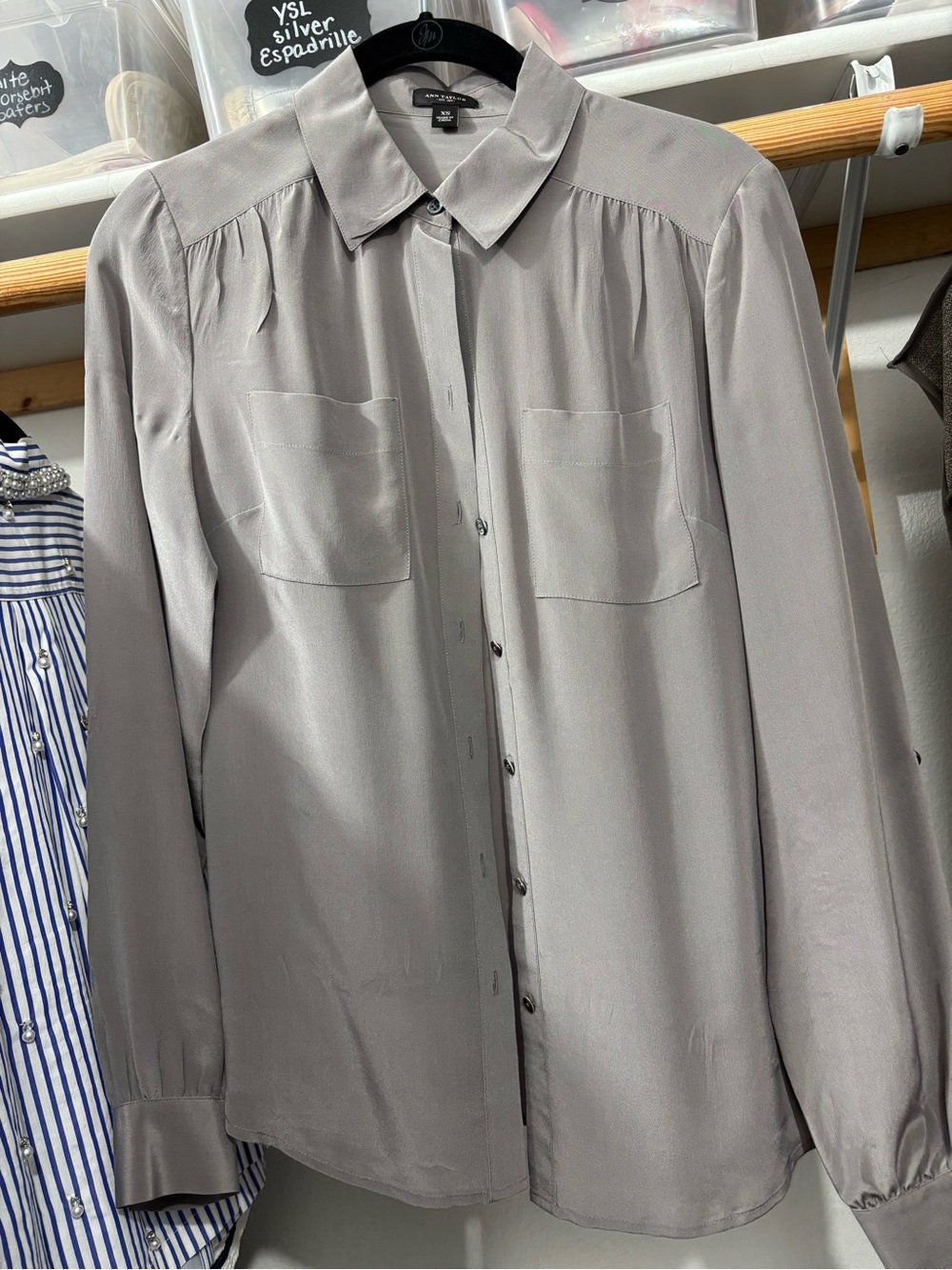 Ann Taylor Light Gray Silk-Look Button Front Blouse